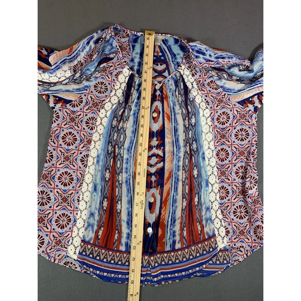 Valerie Stevens sheer peasant blouse BoHo red white and blue Large - Picture 5 of 12